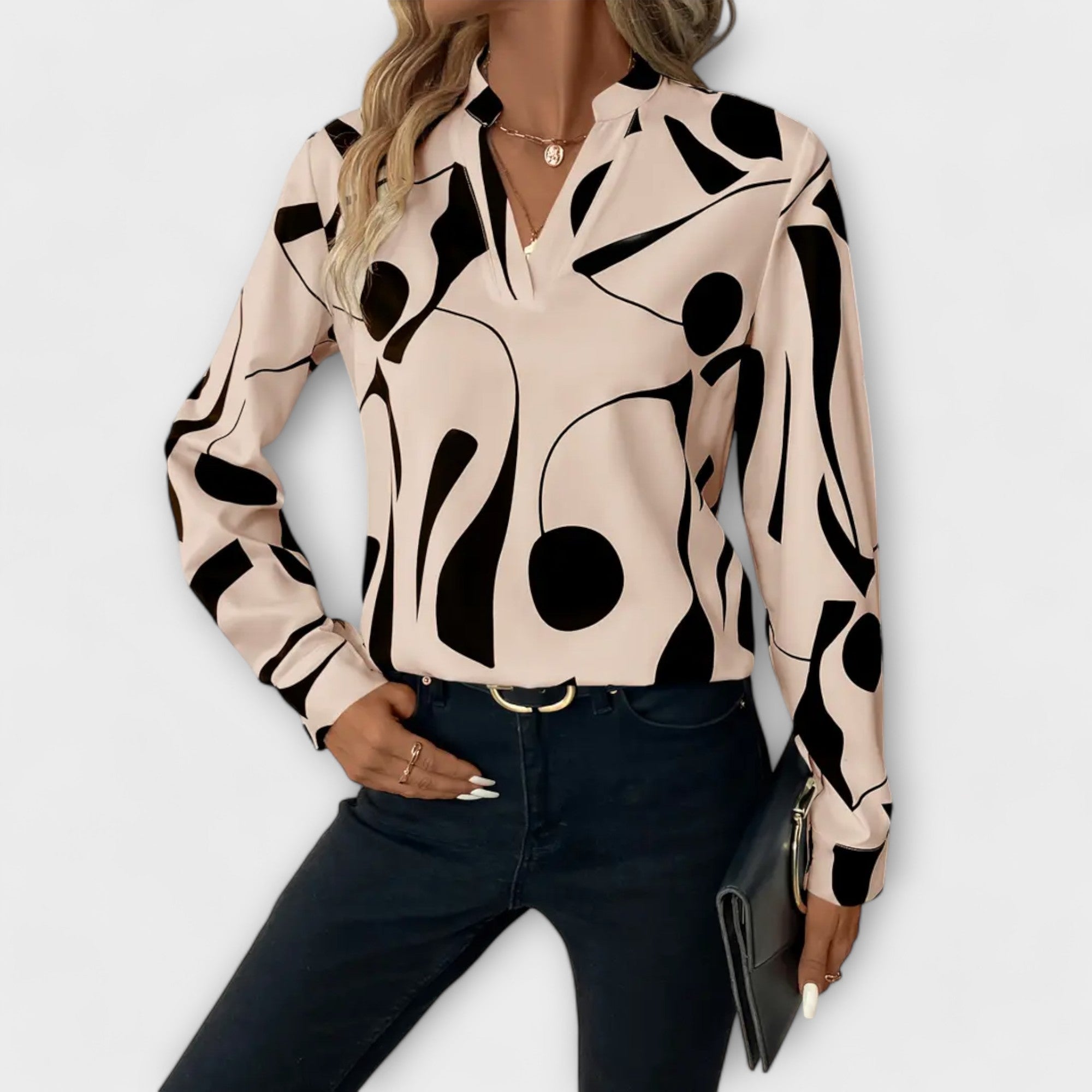 Elegant Long Sleeve Blouse with Pointed Neckline