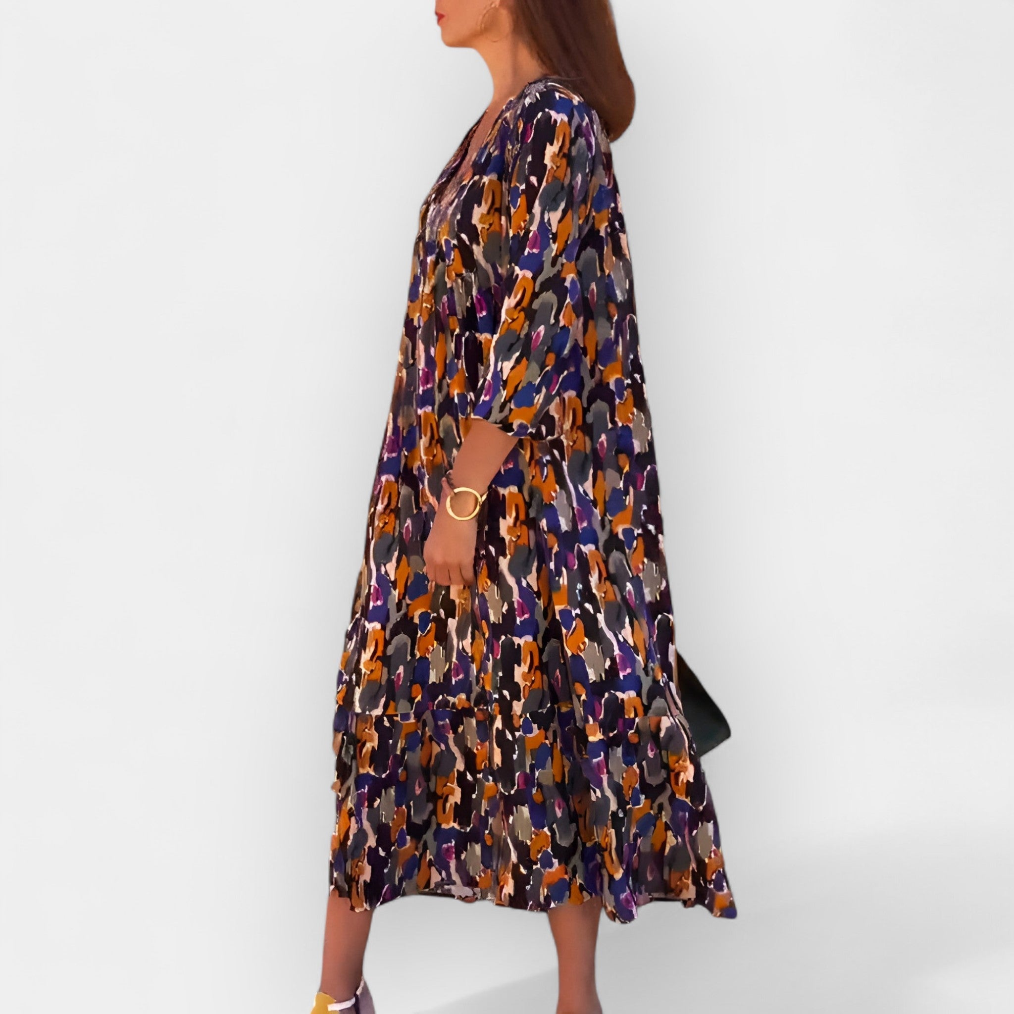 Milada – Retro V-Neck Dress with Colorful Print
