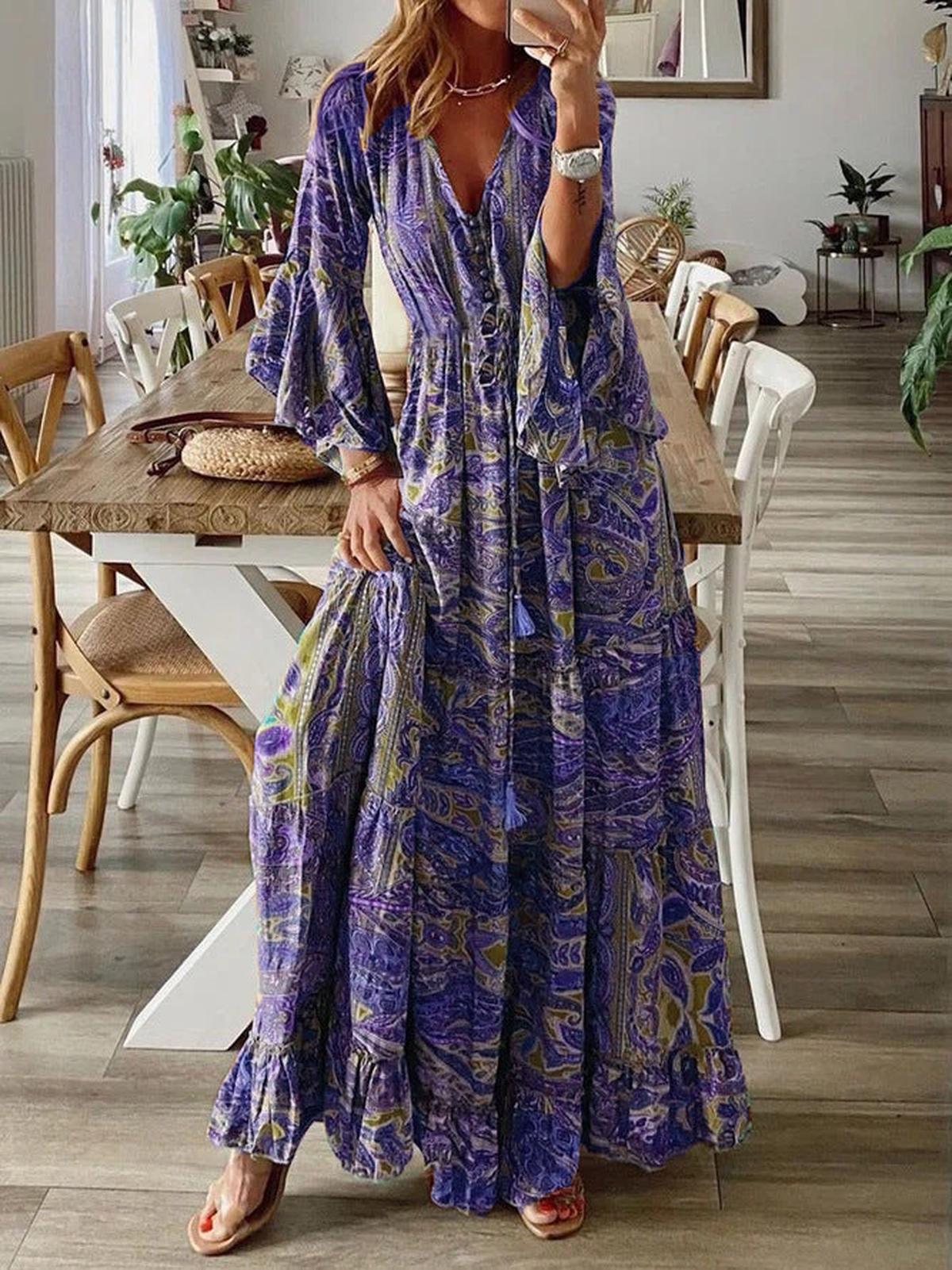 Boho Chic Ruffle Hem Bell Sleeve Maxi Dress