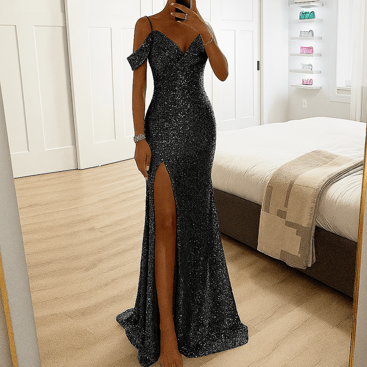 Off-Shoulder Sequin Maxi Dress With V-Neckline And High Slit
