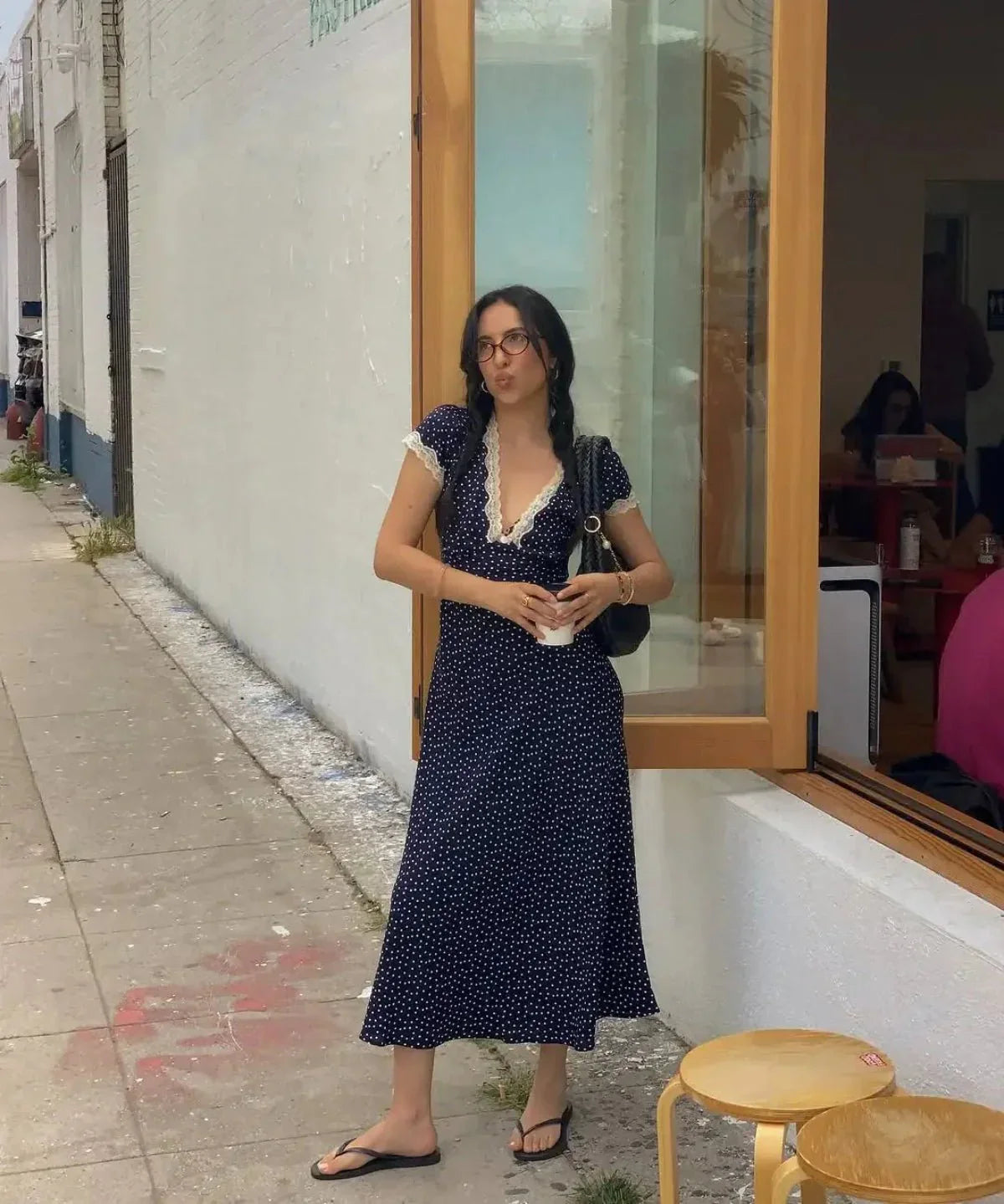 Polka Dot Lace-Trim Midi Dress