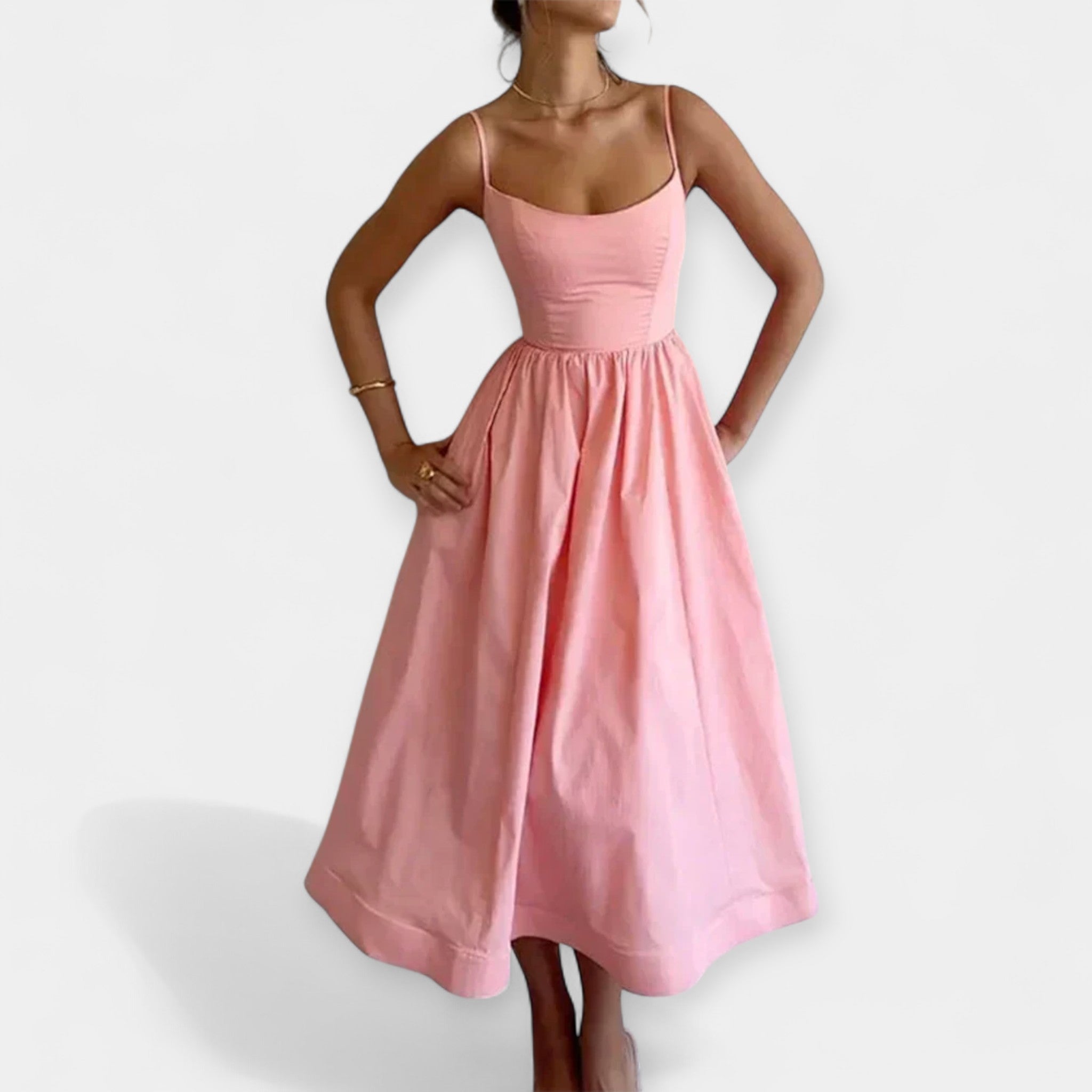 Midi Dress with Round Neckline and Straps