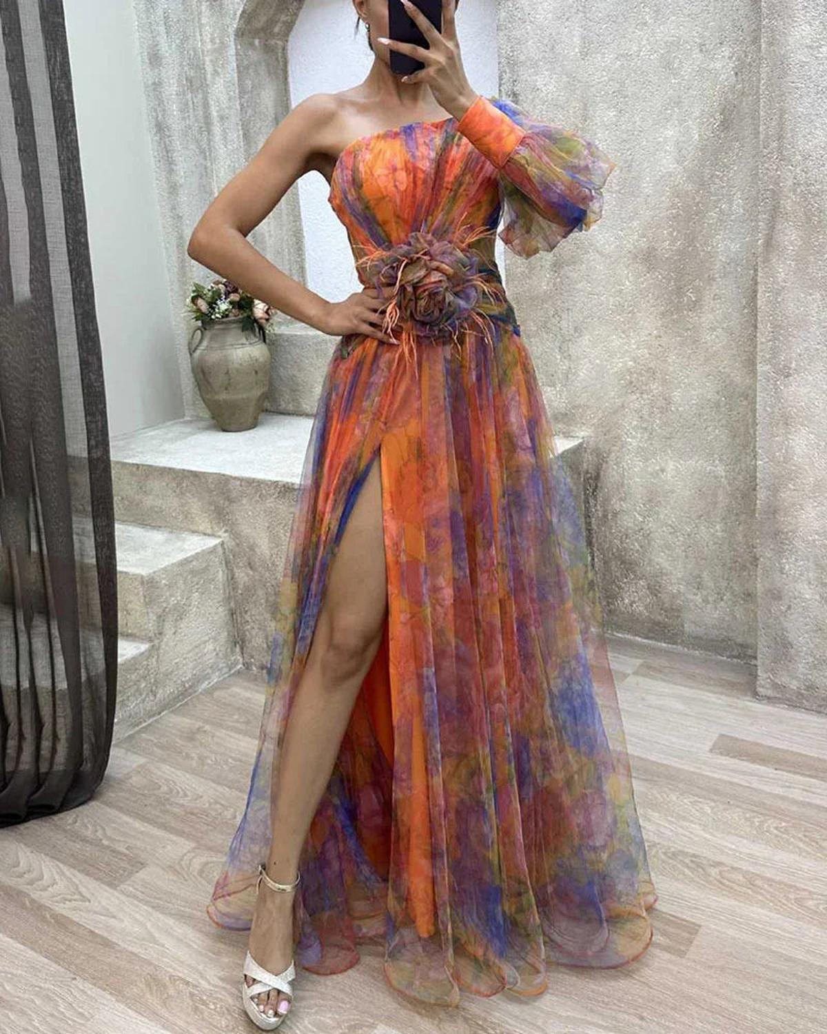 Women's Floral One-Shoulder Maxi Evening Gown