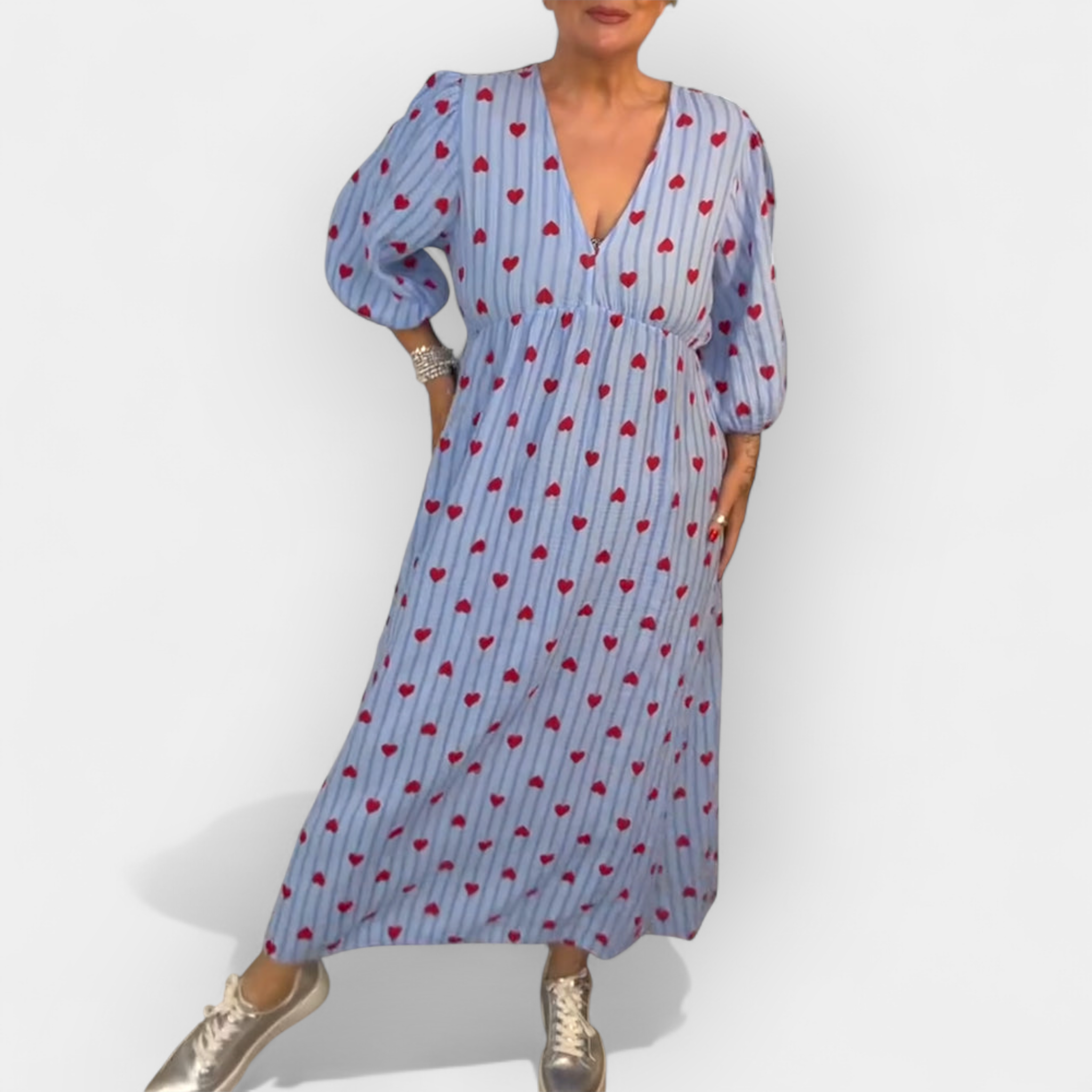 Elegant V-Neck Dress with Heart Pattern