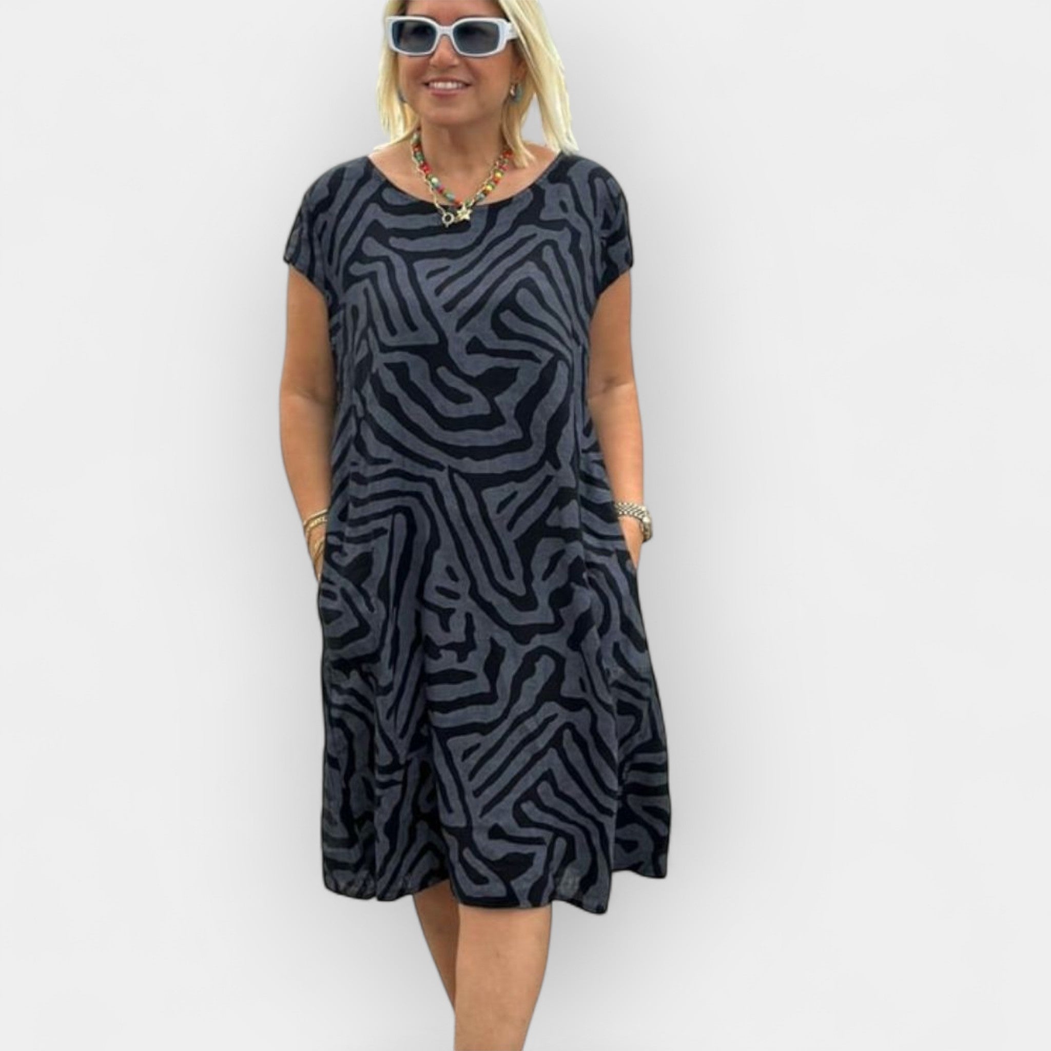 Summer Dress with Round Neckline and Subtle Print