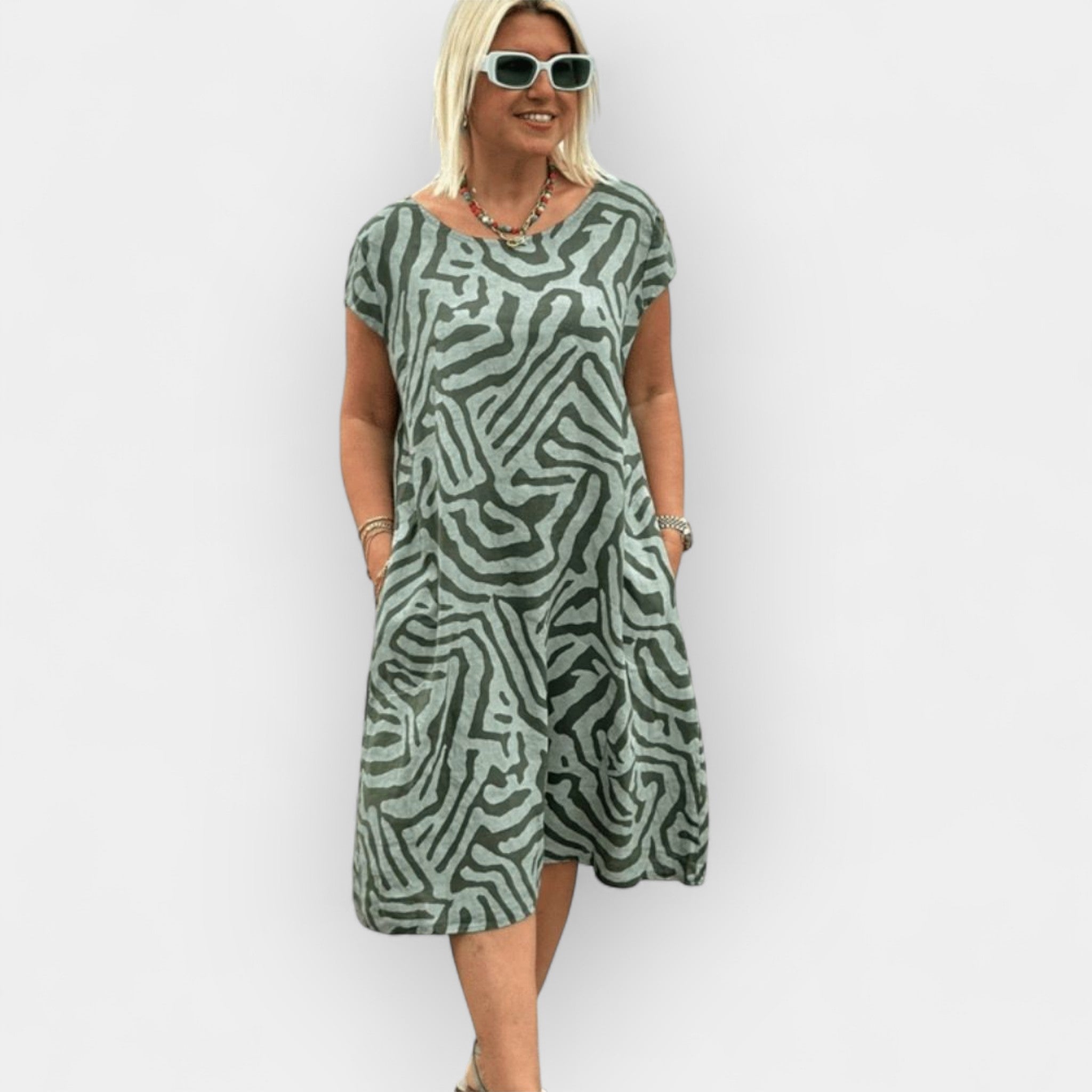 Summer Dress with Round Neckline and Subtle Print
