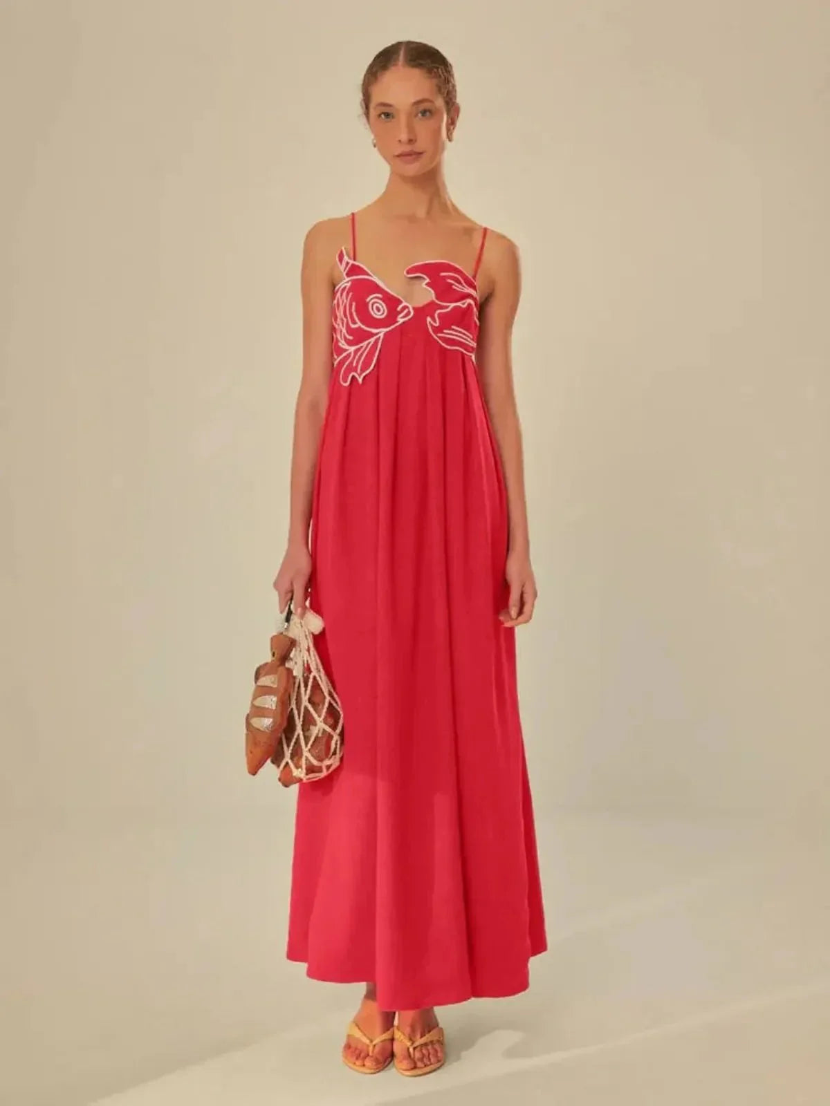 Embroidered Fish Semi-Sheer Cami Maxi Dress