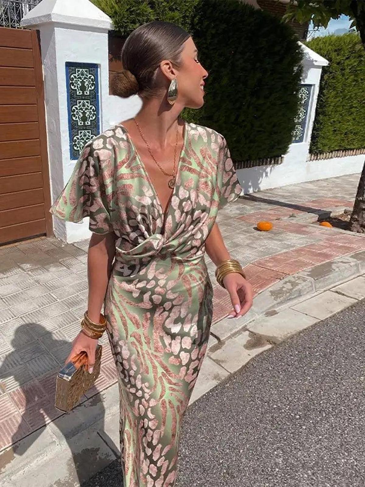 Floral Pleated V-Neck Midi Dress For Women