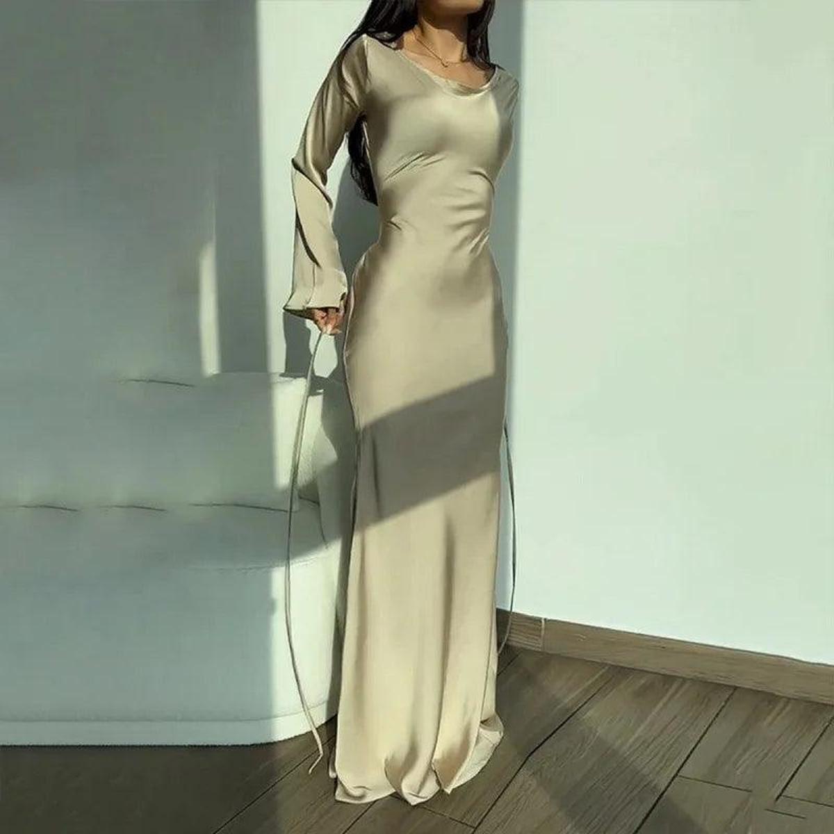 Long Flared Sleeve Satin Evening Gown