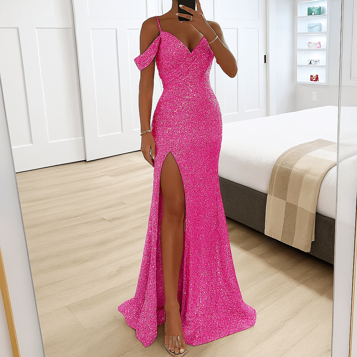Off-Shoulder Sequin Maxi Dress With V-Neckline And High Slit