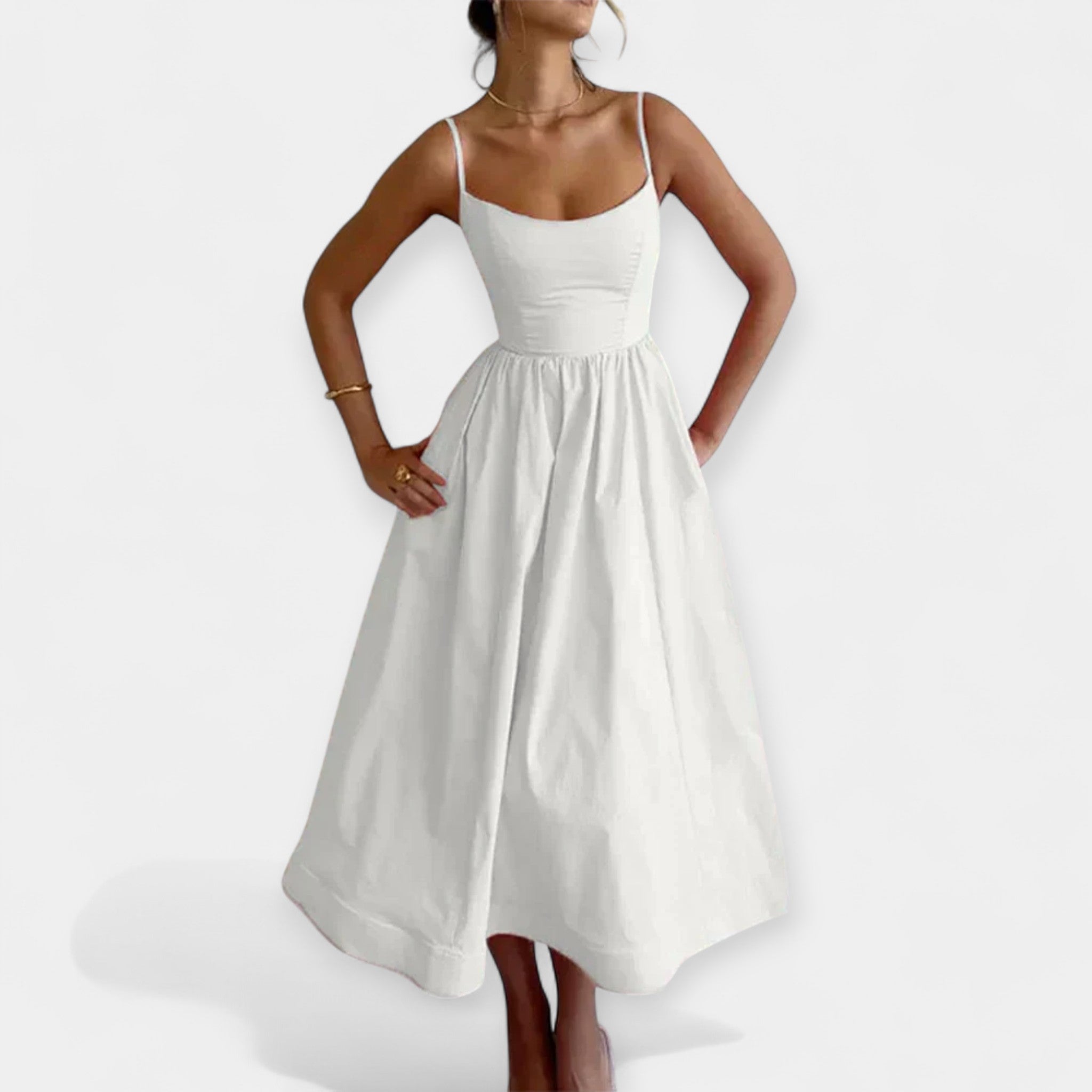 Midi Dress with Round Neckline and Straps