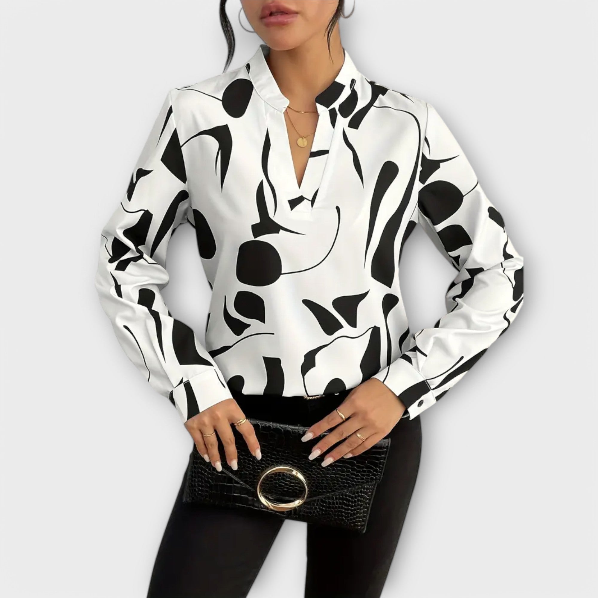 Elegant Long Sleeve Blouse with Pointed Neckline